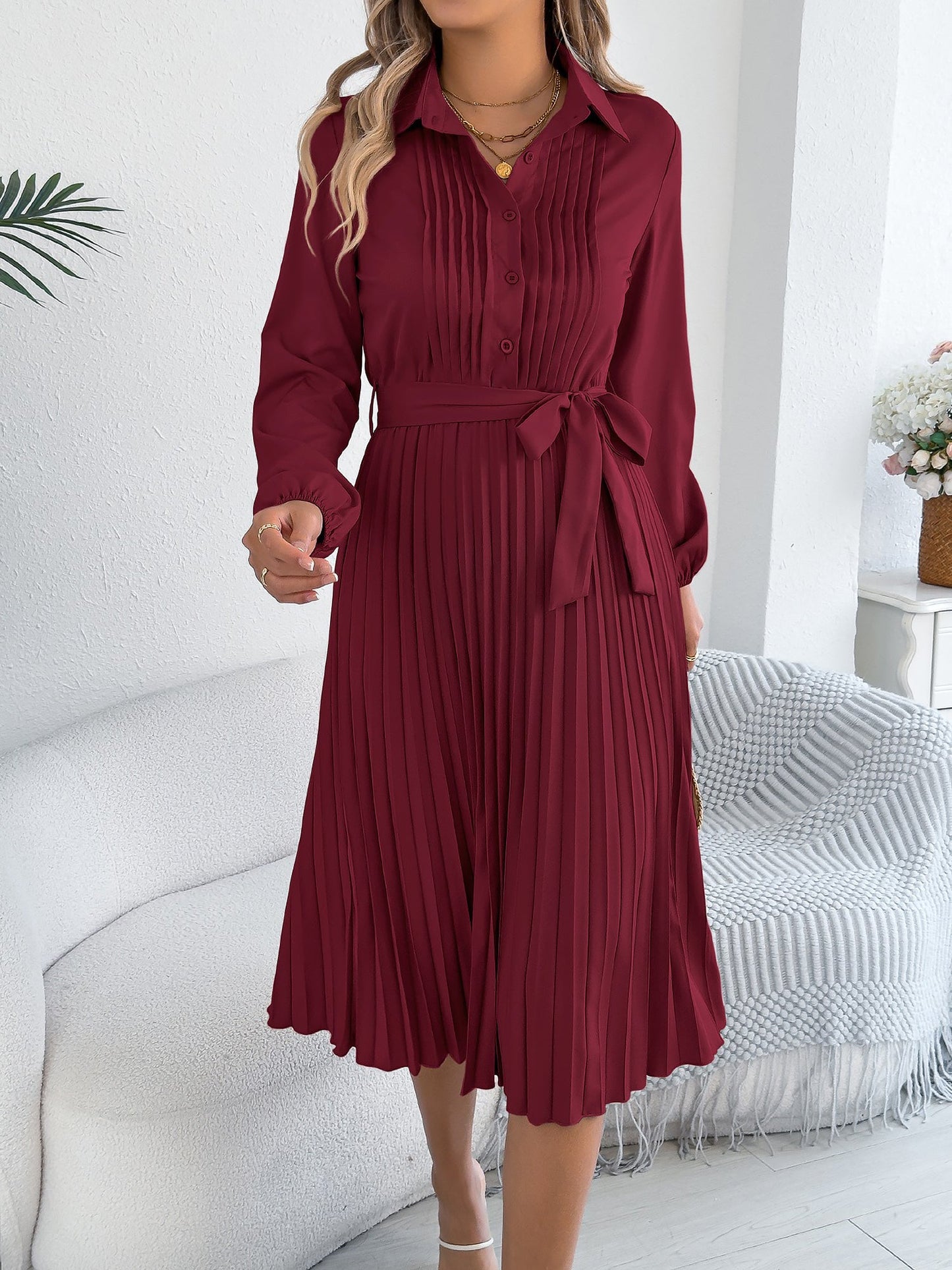 Collared Long Sleeve Belted Pleated Midi Shirt Dress