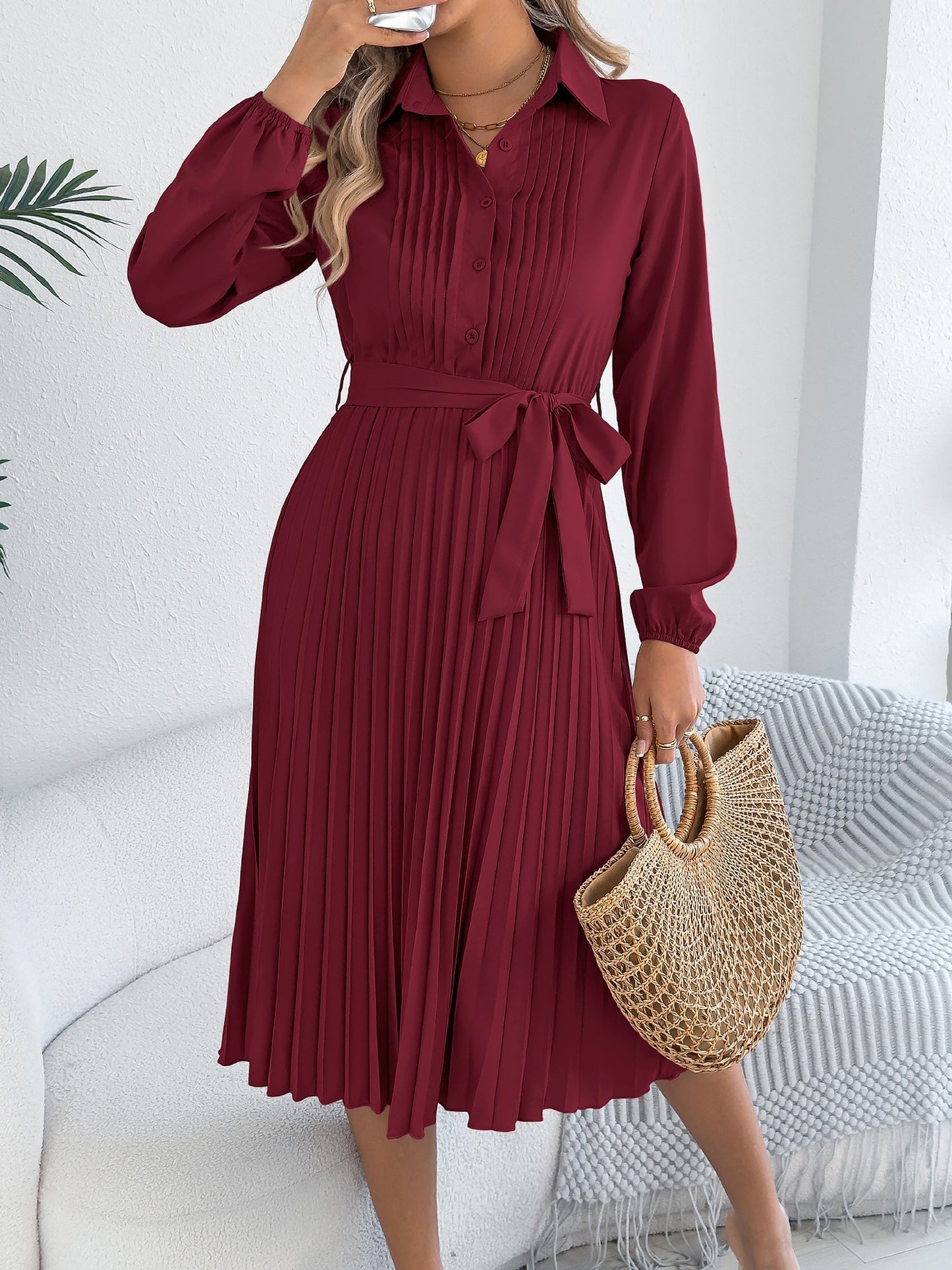 Collared Long Sleeve Belted Pleated Midi Shirt Dress