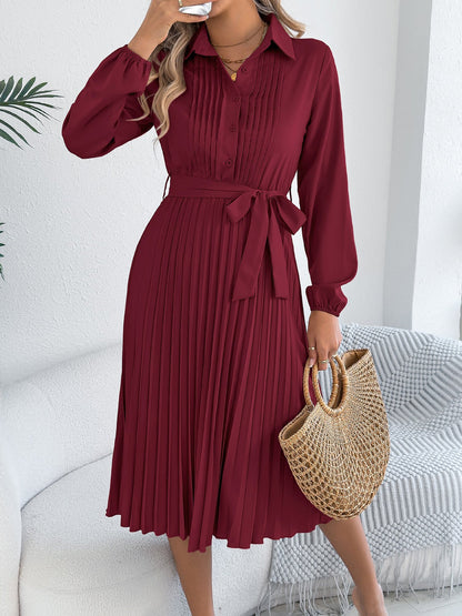 Collared Long Sleeve Belted Pleated Midi Shirt Dress