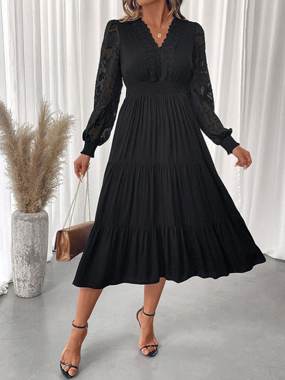 Lace V Neck Puff Sleeves Tiered Midi Dress