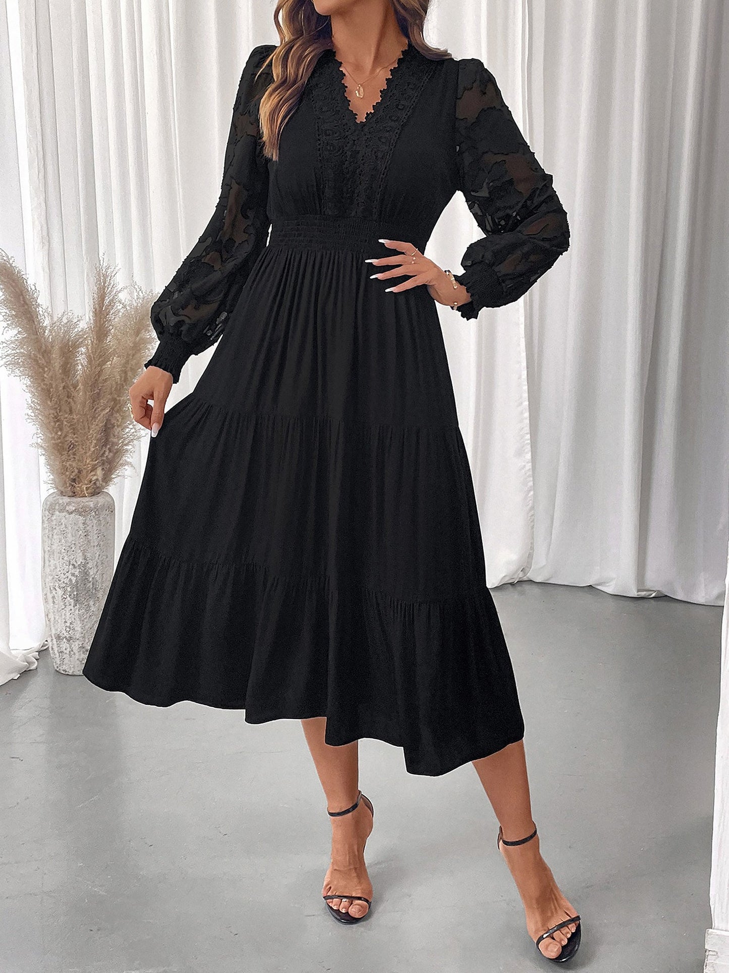 Lace V Neck Puff Sleeves Tiered Midi Dress