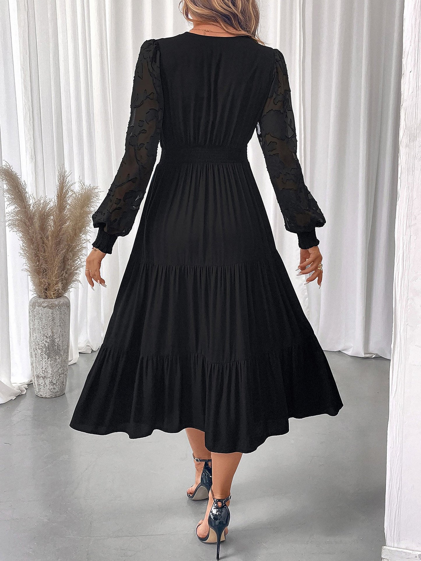 Lace V Neck Puff Sleeves Tiered Midi Dress