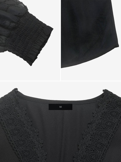 Lace V Neck Puff Sleeves Tiered Midi Dress