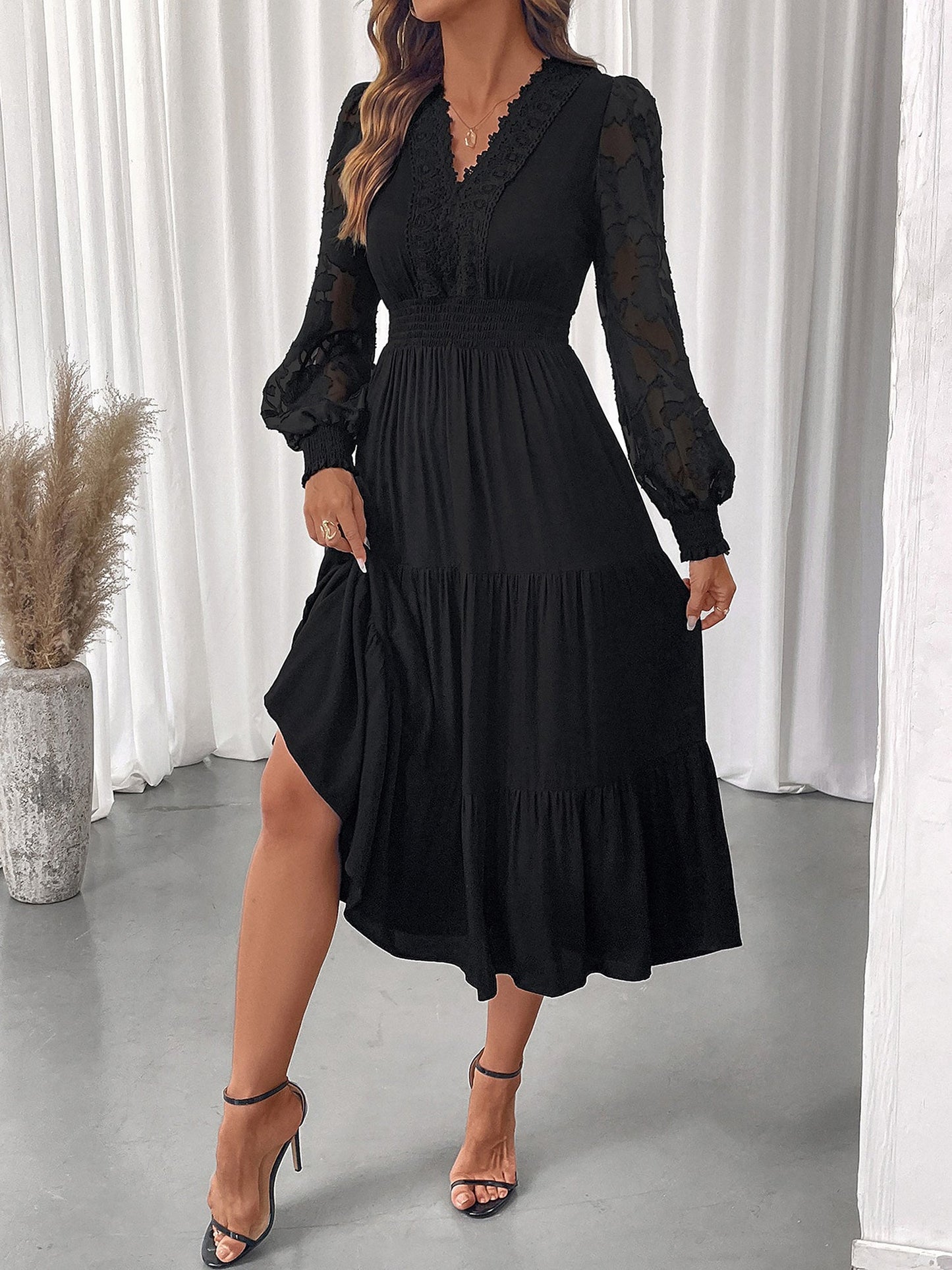 Lace V Neck Puff Sleeves Tiered Midi Dress