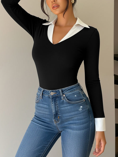 Fake-2-Piece Colorblock Collared Long Sleeves Bodysuits