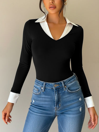 Fake-2-Piece Colorblock Collared Long Sleeves Bodysuits