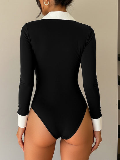 Fake-2-Piece Colorblock Collared Long Sleeves Bodysuits