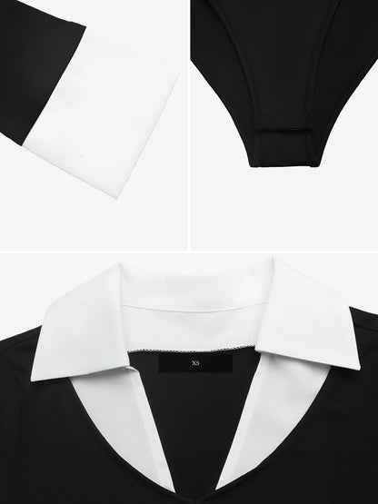 Fake-2-Piece Colorblock Collared Long Sleeves Bodysuits