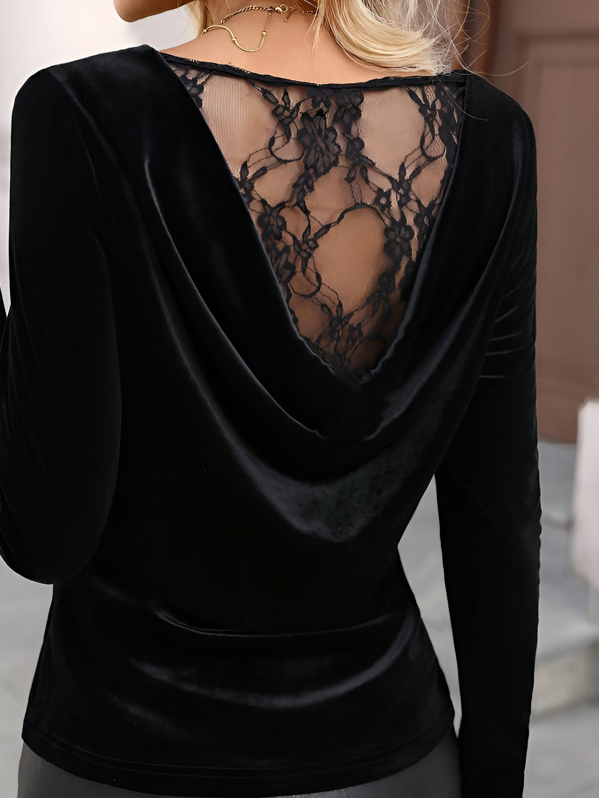 Velvet Cowl Neck Lace Back Long Sleeves Blouse