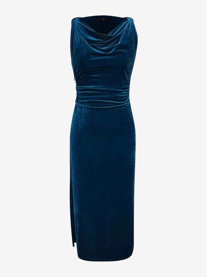 Cowl Neck Sleeveless Velvet Evening Gown Side Slit Dress
