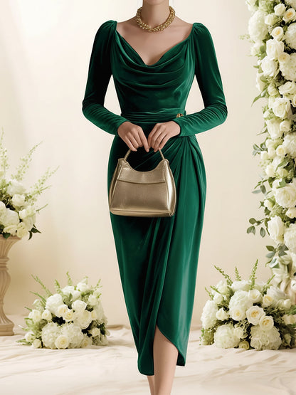 Velvet Cowl Neck Puff Sleeves Ruched Midi Dress