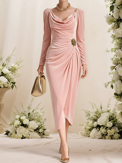 Velvet Cowl Neck Puff Sleeves Ruched Midi Dress