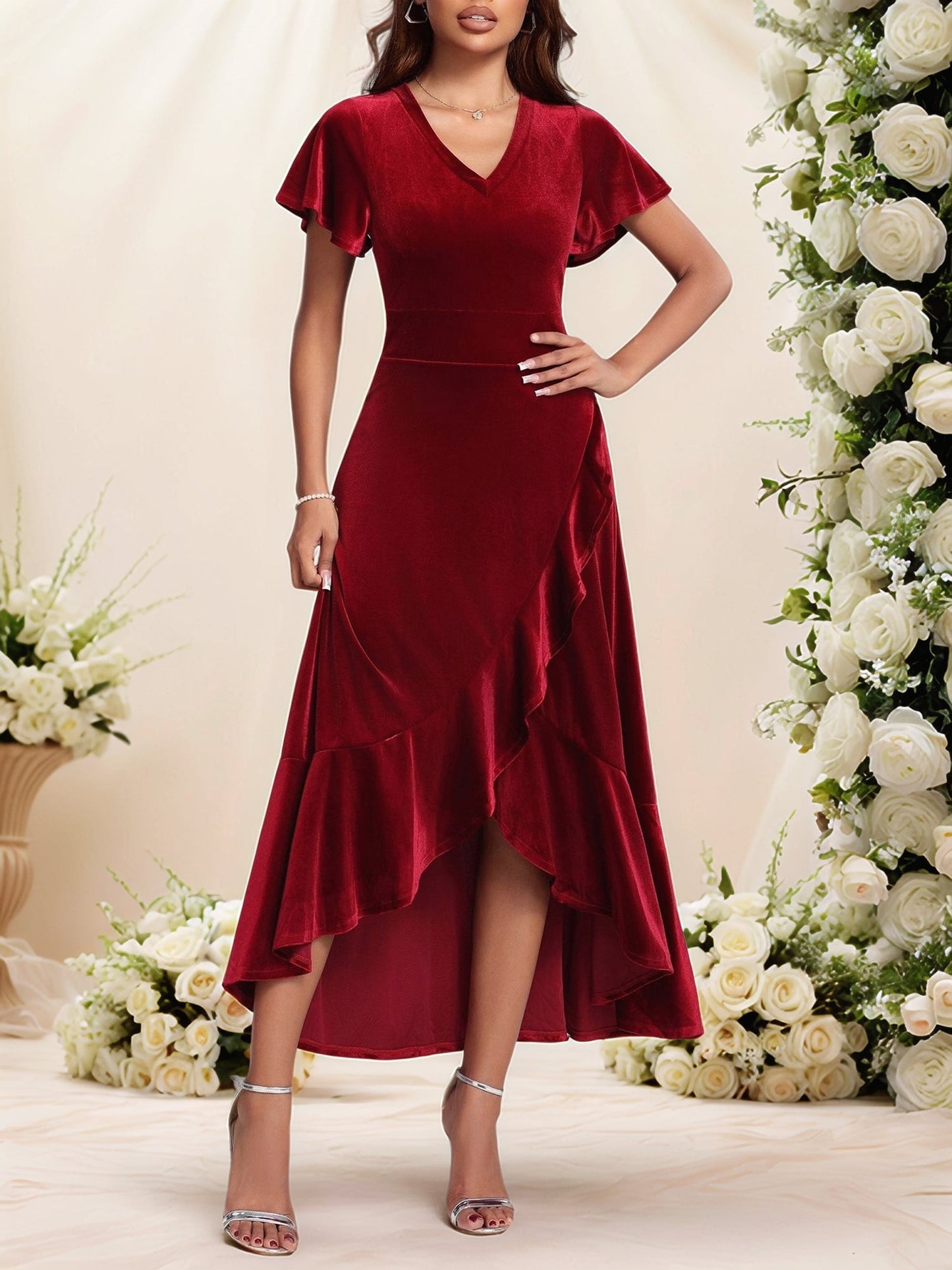 Velvet Ruffled Short Sleeves A-Line Midi Dress