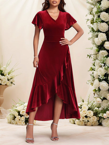 Velvet Ruffled Short Sleeves A-Line Midi Dress
