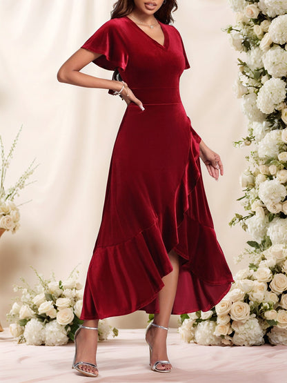 Velvet Ruffled Short Sleeves A-Line Midi Dress