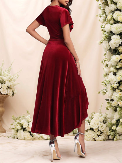Velvet Ruffled Short Sleeves A-Line Midi Dress