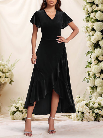 Velvet Ruffled Short Sleeves A-Line Midi Dress