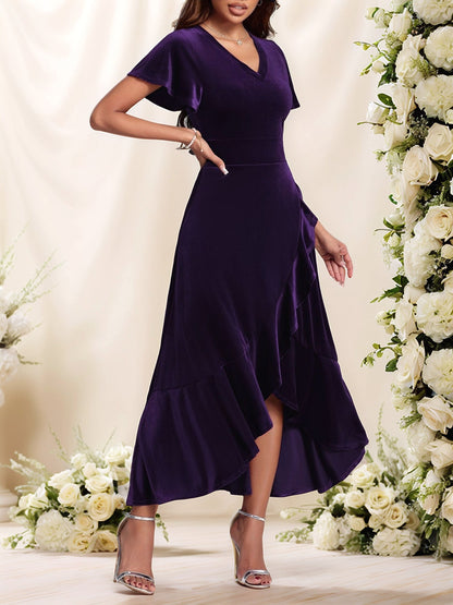 Velvet Ruffled Short Sleeves A-Line Midi Dress