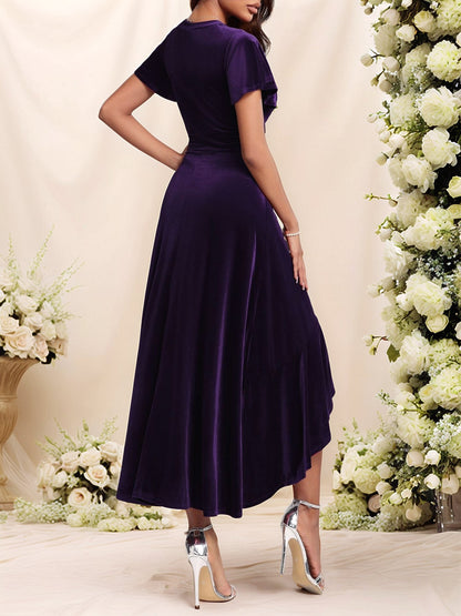 Velvet Ruffled Short Sleeves A-Line Midi Dress