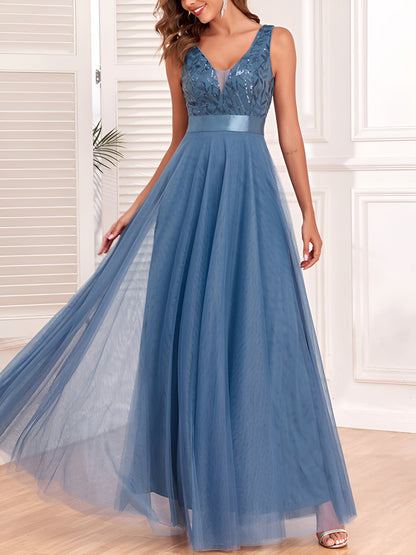 Sequin Embroidered V Neck Sleeveless Evening Gown Maxi Dress