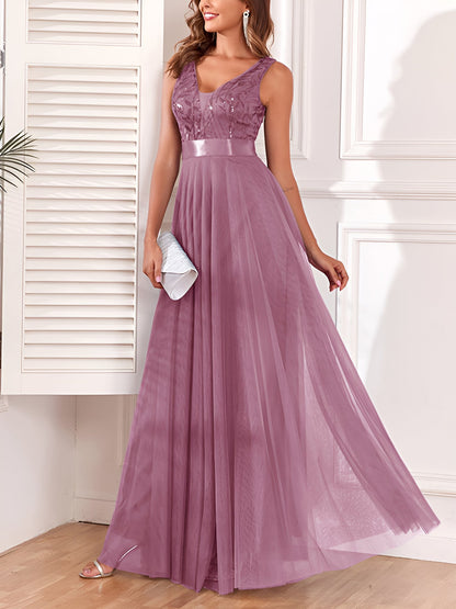 Sequin Embroidered V Neck Sleeveless Evening Gown Maxi Dress