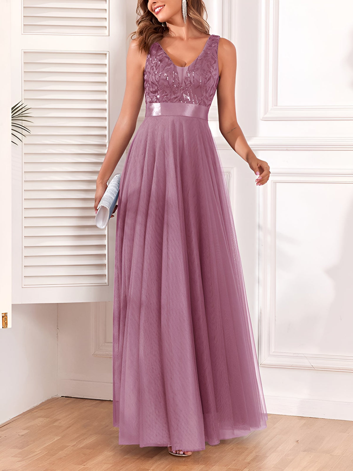 Sequin Embroidered V Neck Sleeveless Evening Gown Maxi Dress