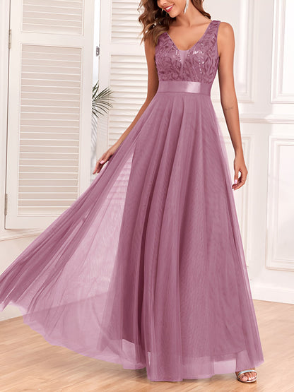 Sequin Embroidered V Neck Sleeveless Evening Gown Maxi Dress