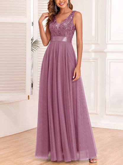 Sequin Embroidered V Neck Sleeveless Evening Gown Maxi Dress