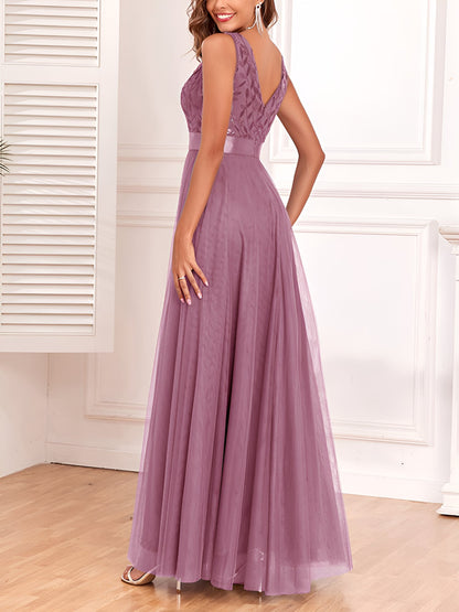 Sequin Embroidered V Neck Sleeveless Evening Gown Maxi Dress