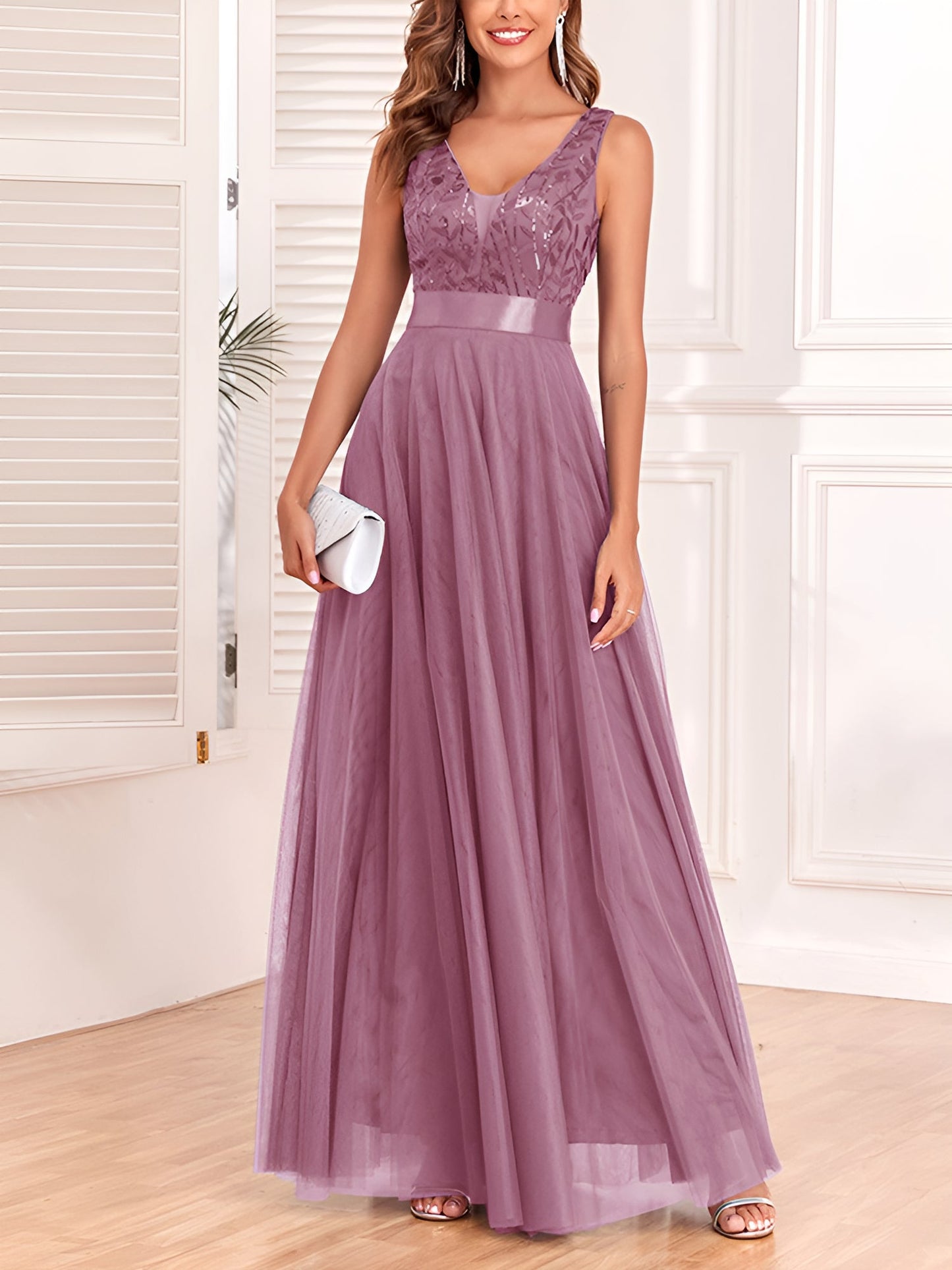 Sequin Embroidered V Neck Sleeveless Evening Gown Maxi Dress