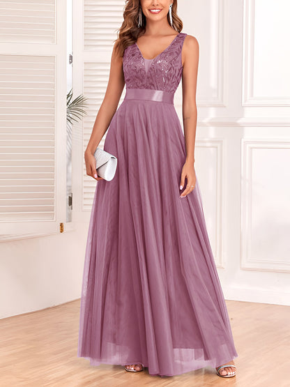 Sequin Embroidered V Neck Sleeveless Evening Gown Maxi Dress