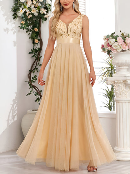 Sequin Embroidered V Neck Sleeveless Evening Gown Maxi Dress