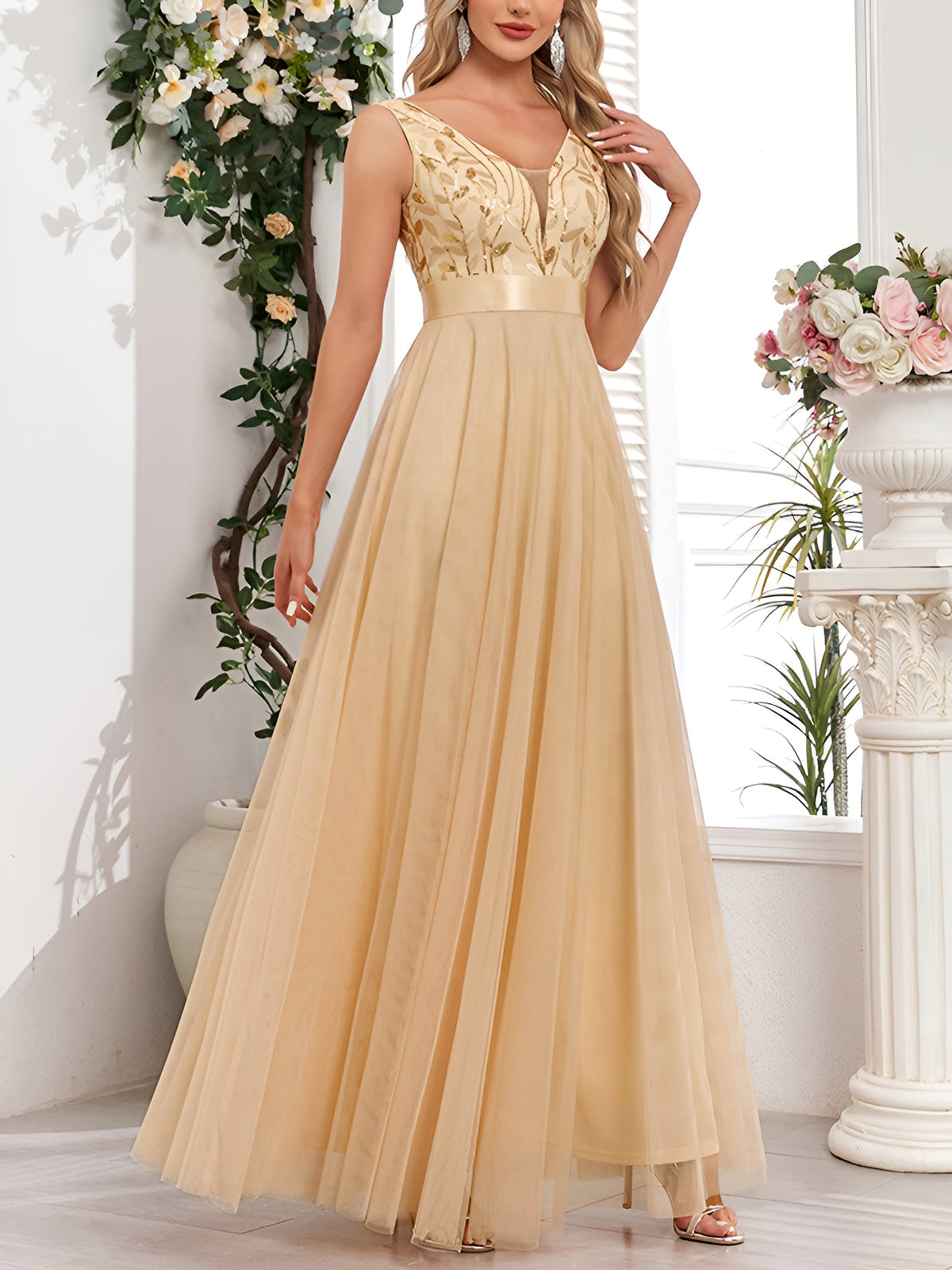 Sequin Embroidered V Neck Sleeveless Evening Gown Maxi Dress