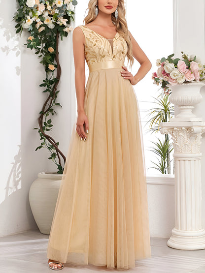 Sequin Embroidered V Neck Sleeveless Evening Gown Maxi Dress