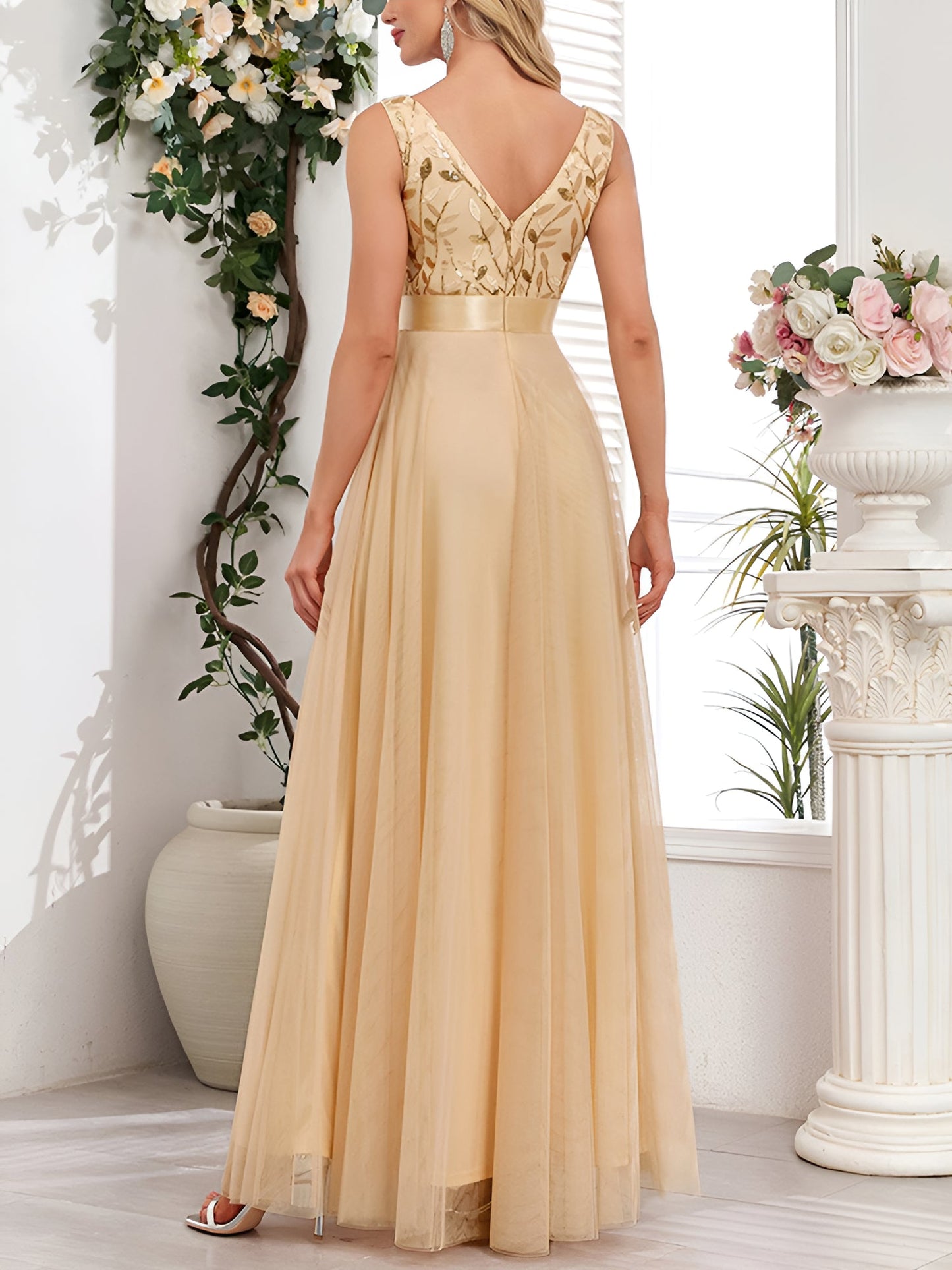 Sequin Embroidered V Neck Sleeveless Evening Gown Maxi Dress