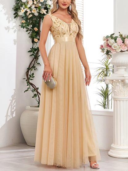 Sequin Embroidered V Neck Sleeveless Evening Gown Maxi Dress