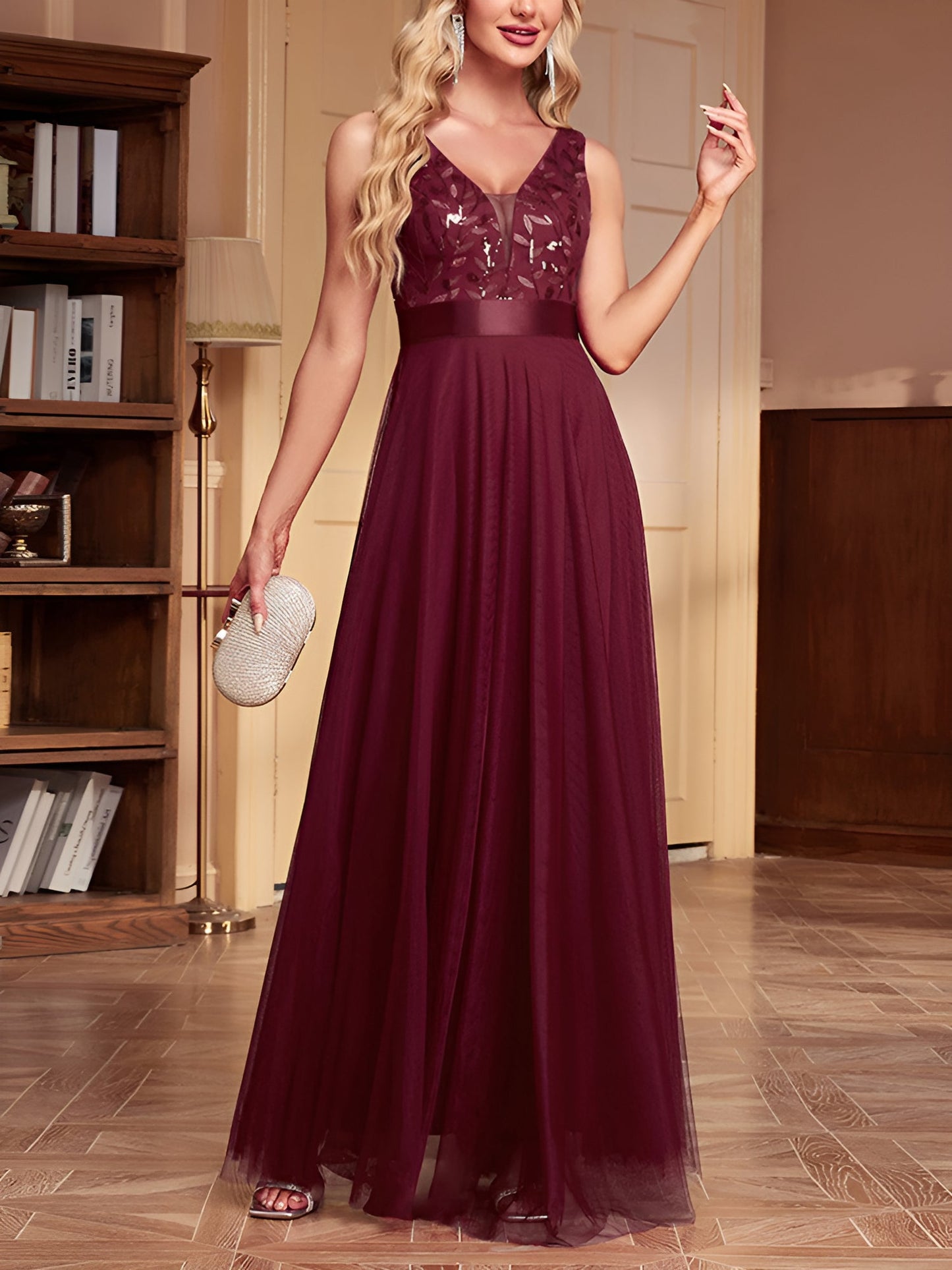 Sequin Embroidered V Neck Sleeveless Evening Gown Maxi Dress