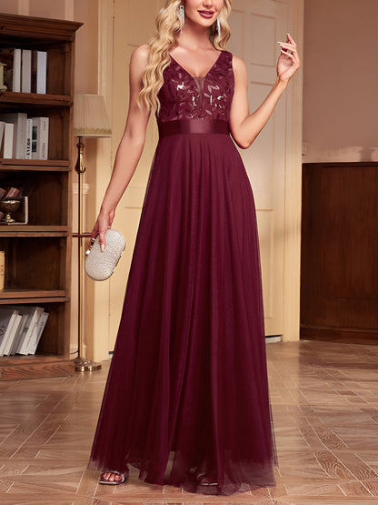 Sequin Embroidered V Neck Sleeveless Evening Gown Maxi Dress