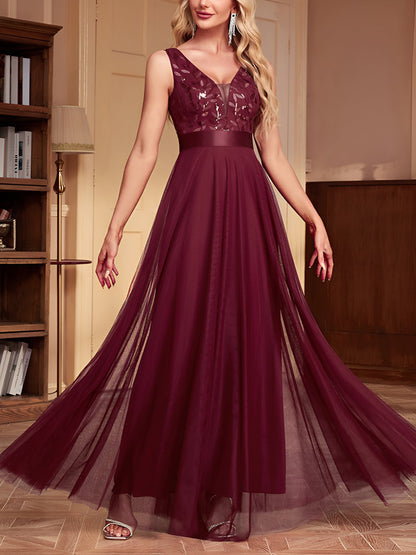 Sequin Embroidered V Neck Sleeveless Evening Gown Maxi Dress