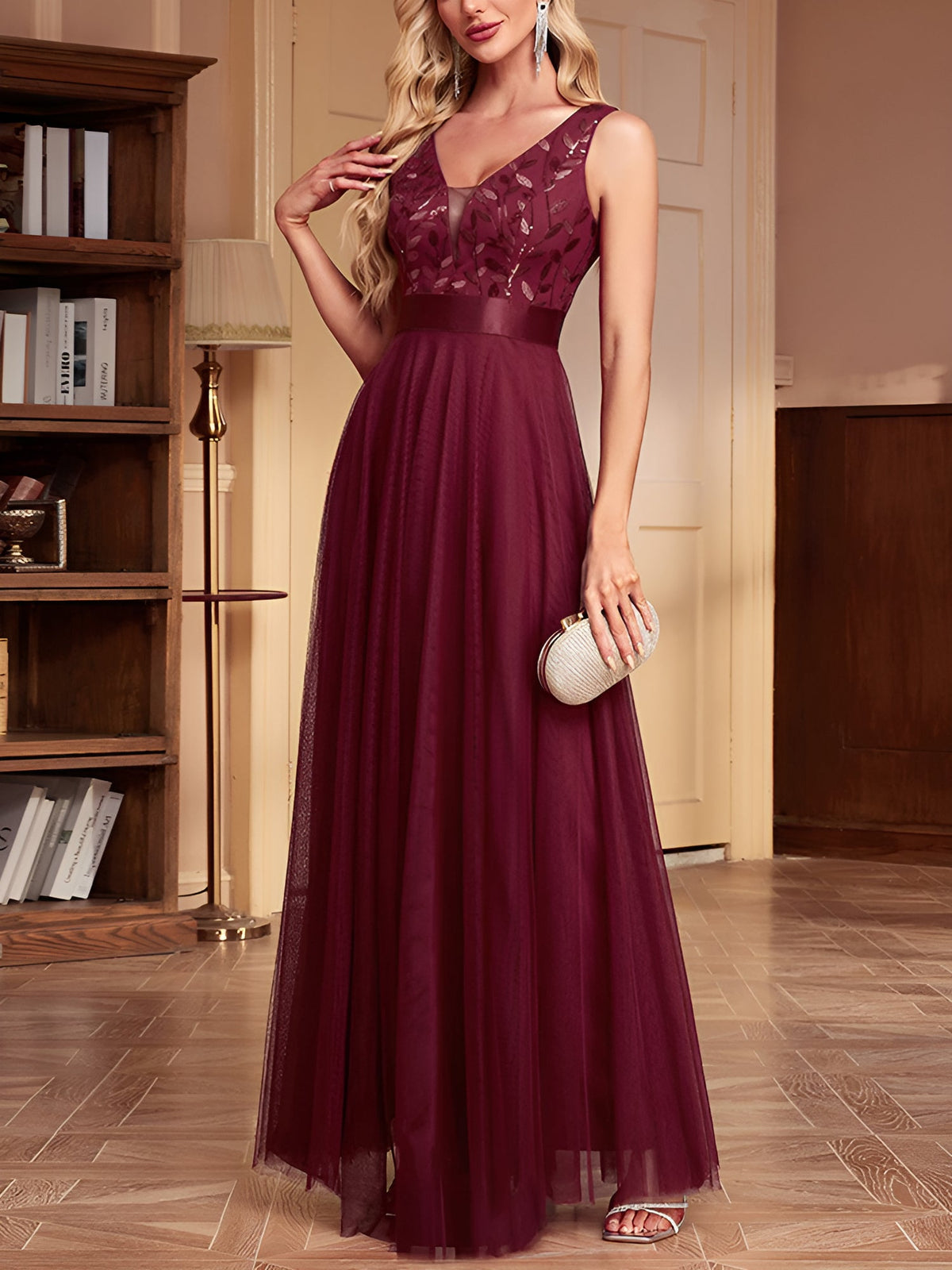 Sequin Embroidered V Neck Sleeveless Evening Gown Maxi Dress
