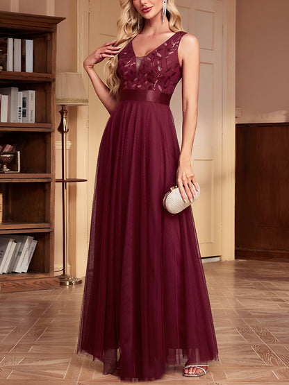 Sequin Embroidered V Neck Sleeveless Evening Gown Maxi Dress