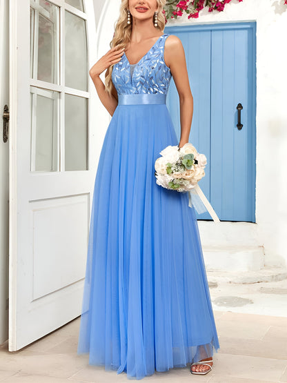 Sequin Embroidered V Neck Sleeveless Evening Gown Maxi Dress