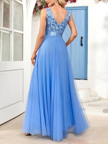 Sequin Embroidered V Neck Sleeveless Evening Gown Maxi Dress