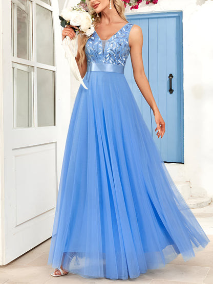 Sequin Embroidered V Neck Sleeveless Evening Gown Maxi Dress