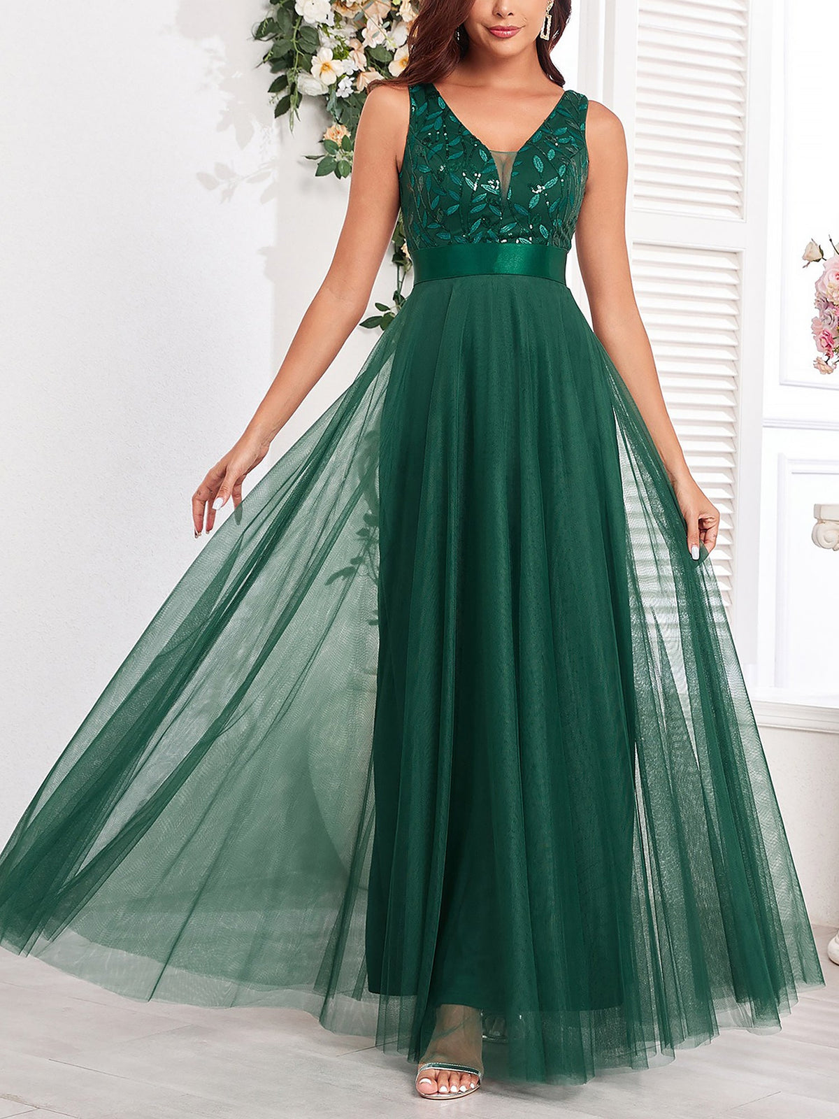 Sequin Embroidered V Neck Sleeveless Evening Gown Maxi Dress