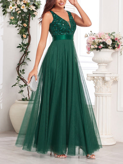 Sequin Embroidered V Neck Sleeveless Evening Gown Maxi Dress