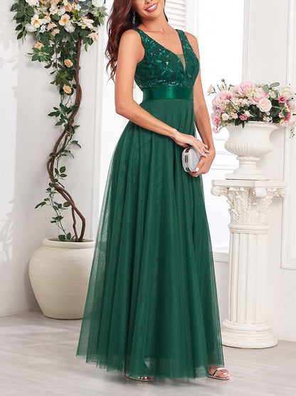 Sequin Embroidered V Neck Sleeveless Evening Gown Maxi Dress