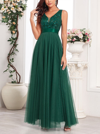 Sequin Embroidered V Neck Sleeveless Evening Gown Maxi Dress
