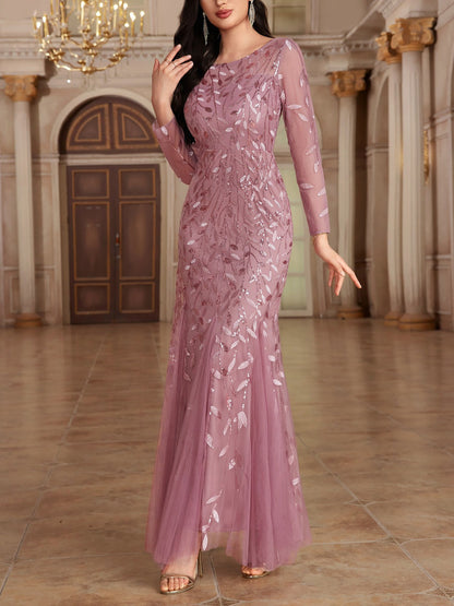 Sequin Embroidered Long Sleeve Round Neck Fishtail Dress Evening Gown