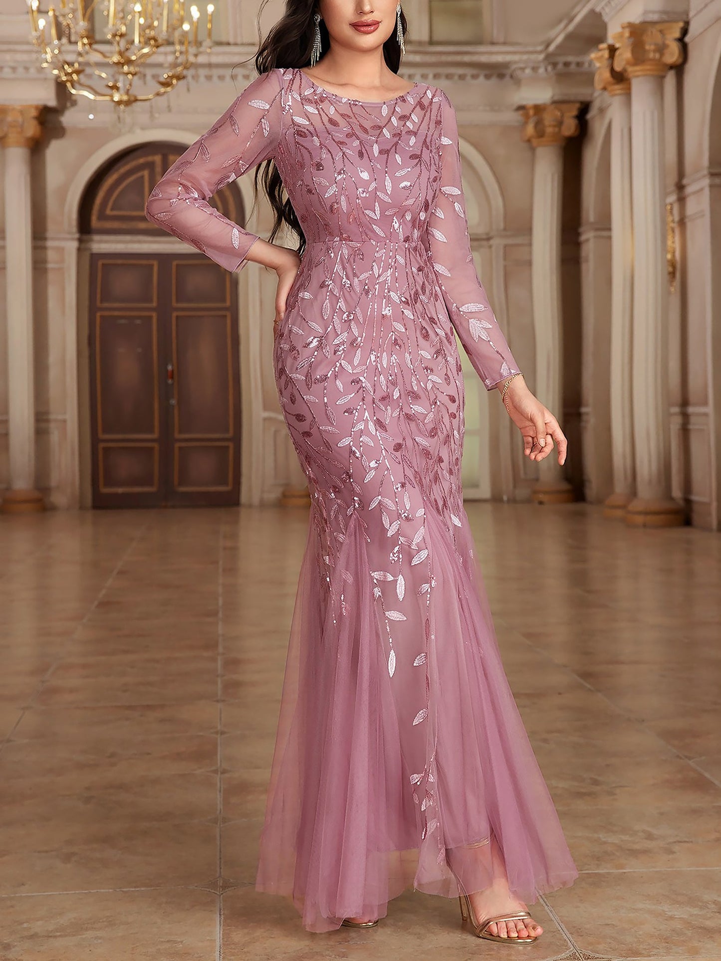 Sequin Embroidered Long Sleeve Round Neck Fishtail Dress Evening Gown